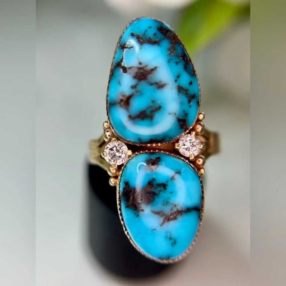 Vintage 14k Yellow Gold Turquoise Diamond Ring - Picture 12 of 15